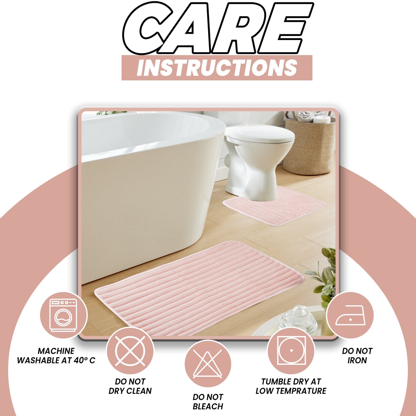 2 Piece Ribbed Bath Mat Set in Pink Extra Soft Non Slip Super Absorbent Bathroom & Toilet Mats Easy Care Rug by OLIVIA ROCCO