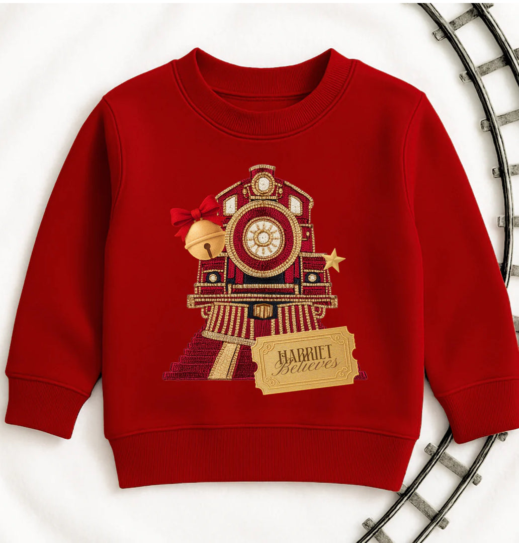 Red “believe” express train children’s sweatshirt