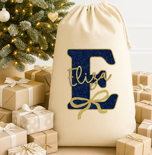 PERSONALISED NAVY & GOLD BOW INITIAL CHRISTMAS SACK