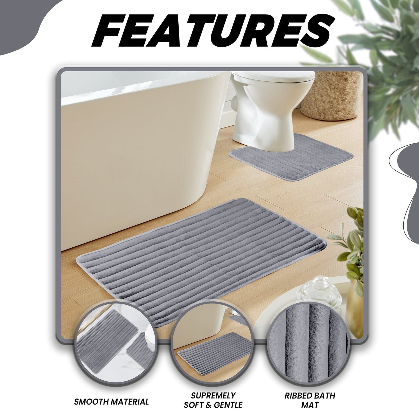 2 Piece Ribbed Bath Mat Set in Charcoal Extra Soft Non Slip Super Absorbent Bathroom & Toilet Mats Easy Care Rug by OLIVIA ROCCO