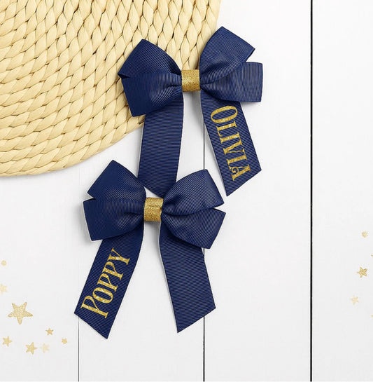 NAVY & GOLD GLITTER PERSONALISED BOW