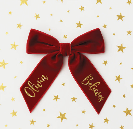 Personalised gold glitter velvet hair bow