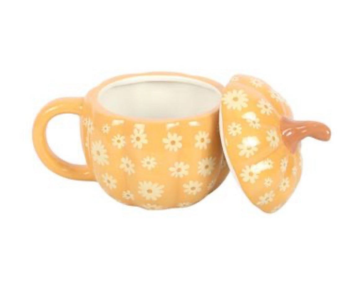 GROOVY FLORAL PUMPKIN LIDDED MUG