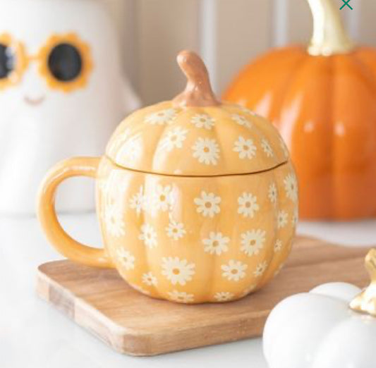 GROOVY FLORAL PUMPKIN LIDDED MUG