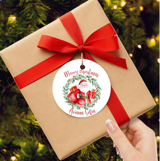 SANTA WREATH PERSONALISED LEATHERETTE GIFT TAGS
