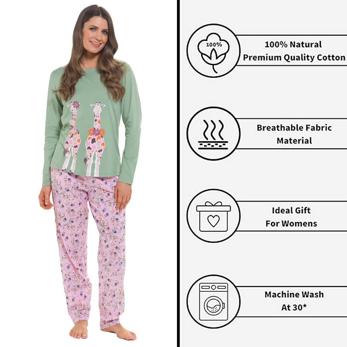 Women's Giraffe Cotton Jersey Long Sleeve Pyjama Set Comfortable PJs Soft Loungewear Summer Holiday Sleepwear by Daisy Dreamer