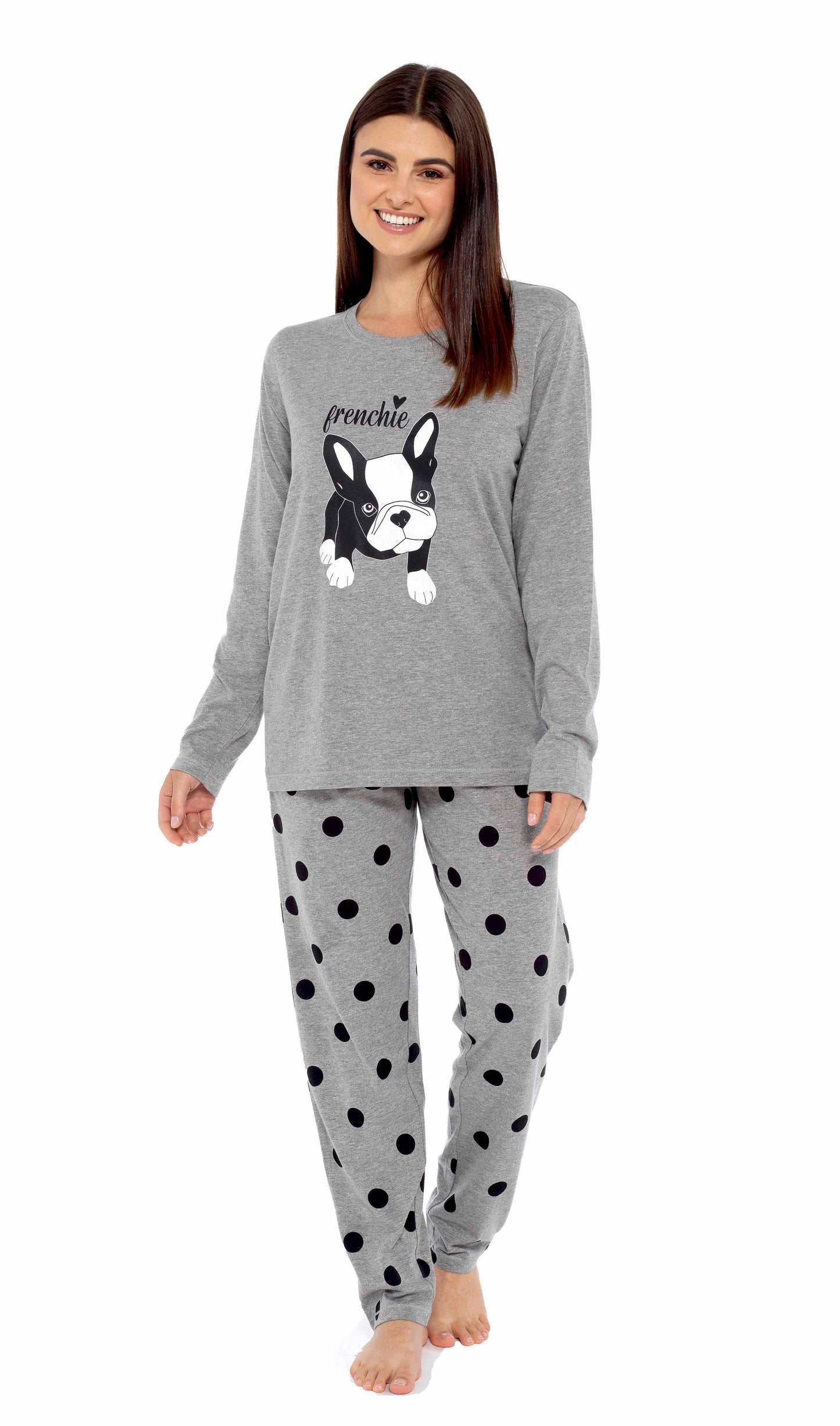 Women's Grey Cotton Pyjama Set with Polka Dot Pants and Frenchie Pugs Print, Long Sleeve Top, Comfortable Loungewear, Soft Breathable Fabric, Hypoallergenic, Stylish Sleepwear by Daisy Dreamer