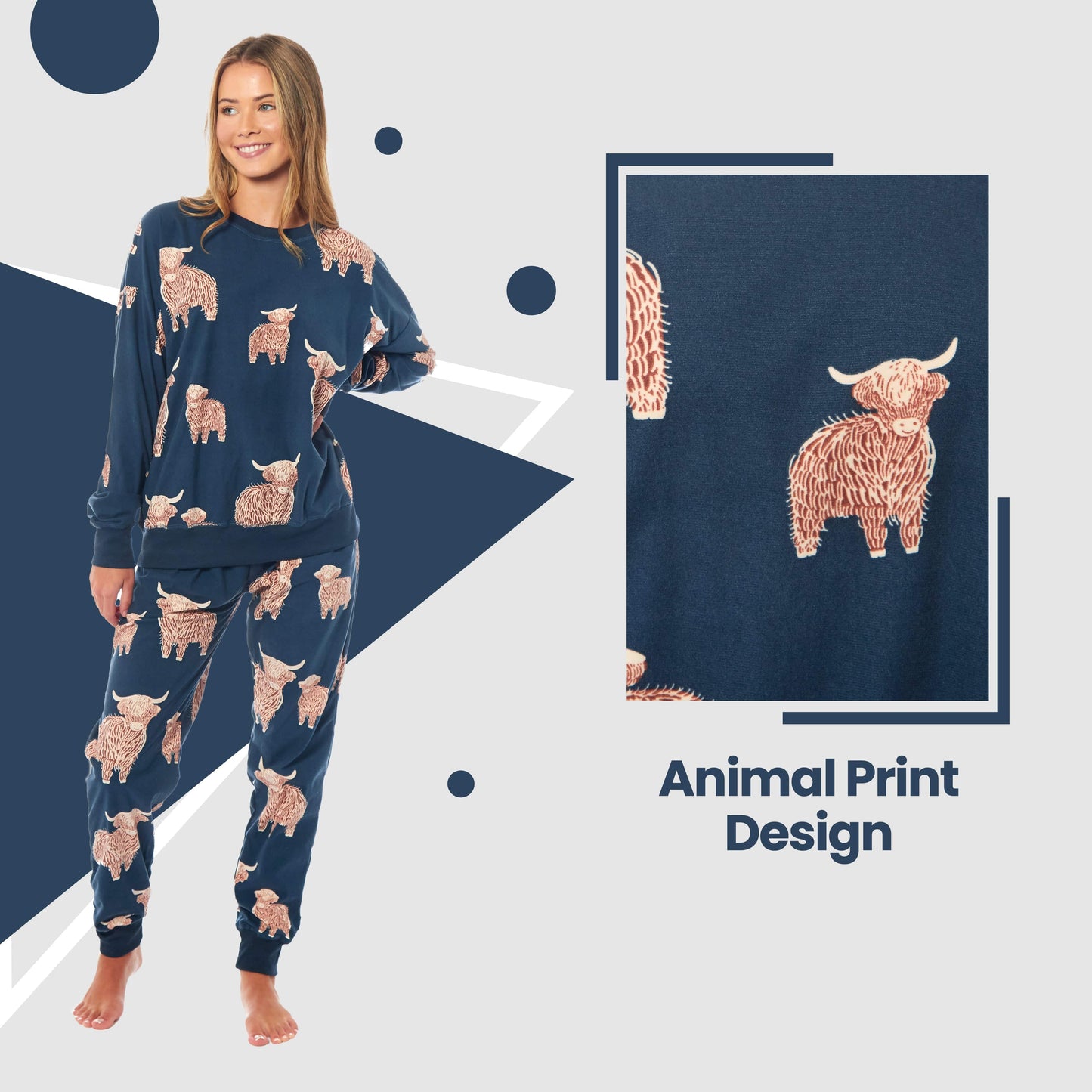 Women's Highland Cow Printed Soft Fleece Pyjama Set Long Sleeve Animal Warm PJs Loungewear Sleepwear for Ladies by Daisy Dreamer