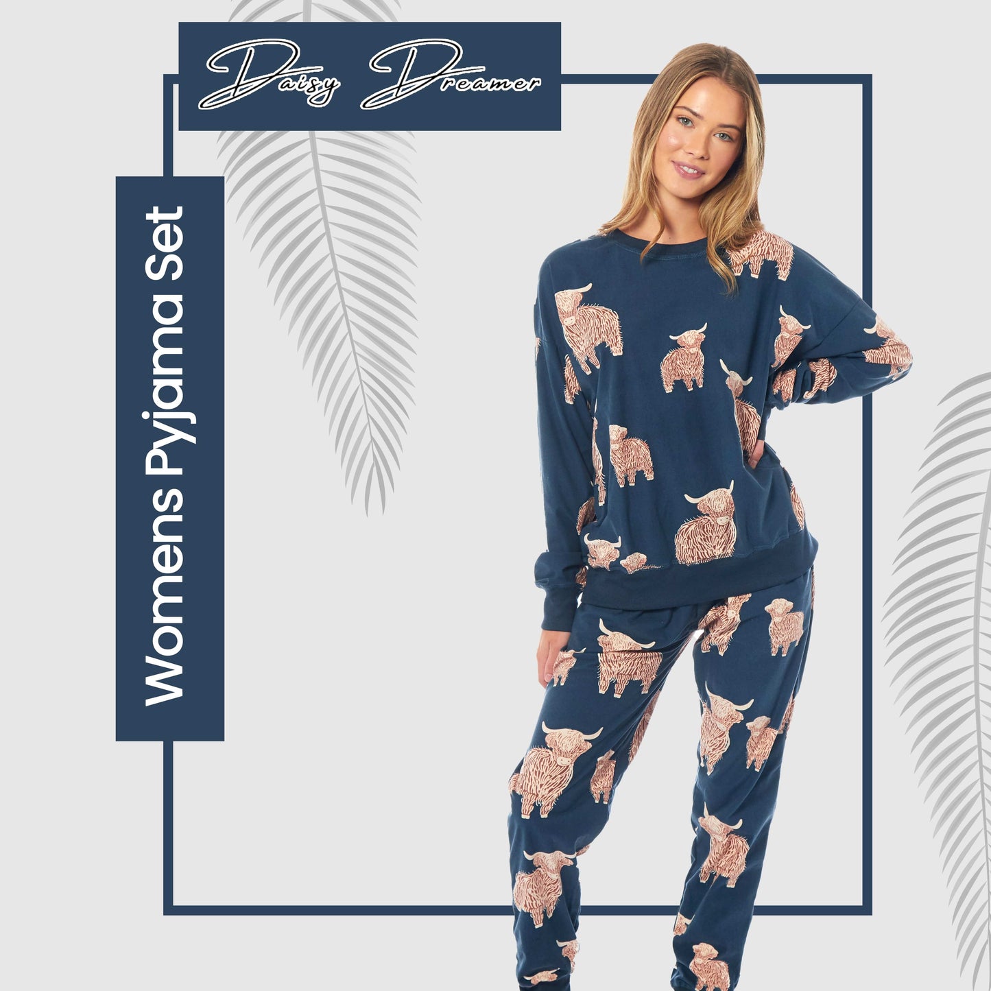 Women's Highland Cow Printed Soft Fleece Pyjama Set Long Sleeve Animal Warm PJs Loungewear Sleepwear for Ladies by Daisy Dreamer