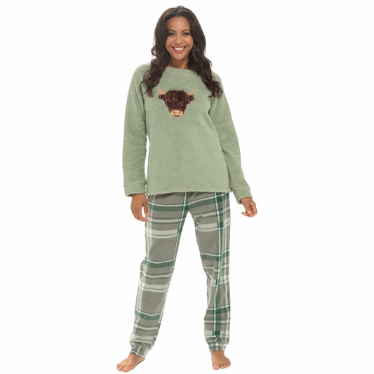 Women's Highland Cow Warm Soft Fleece Pyjama Set Cozy Loungewear PJs by Daisy Dreamer