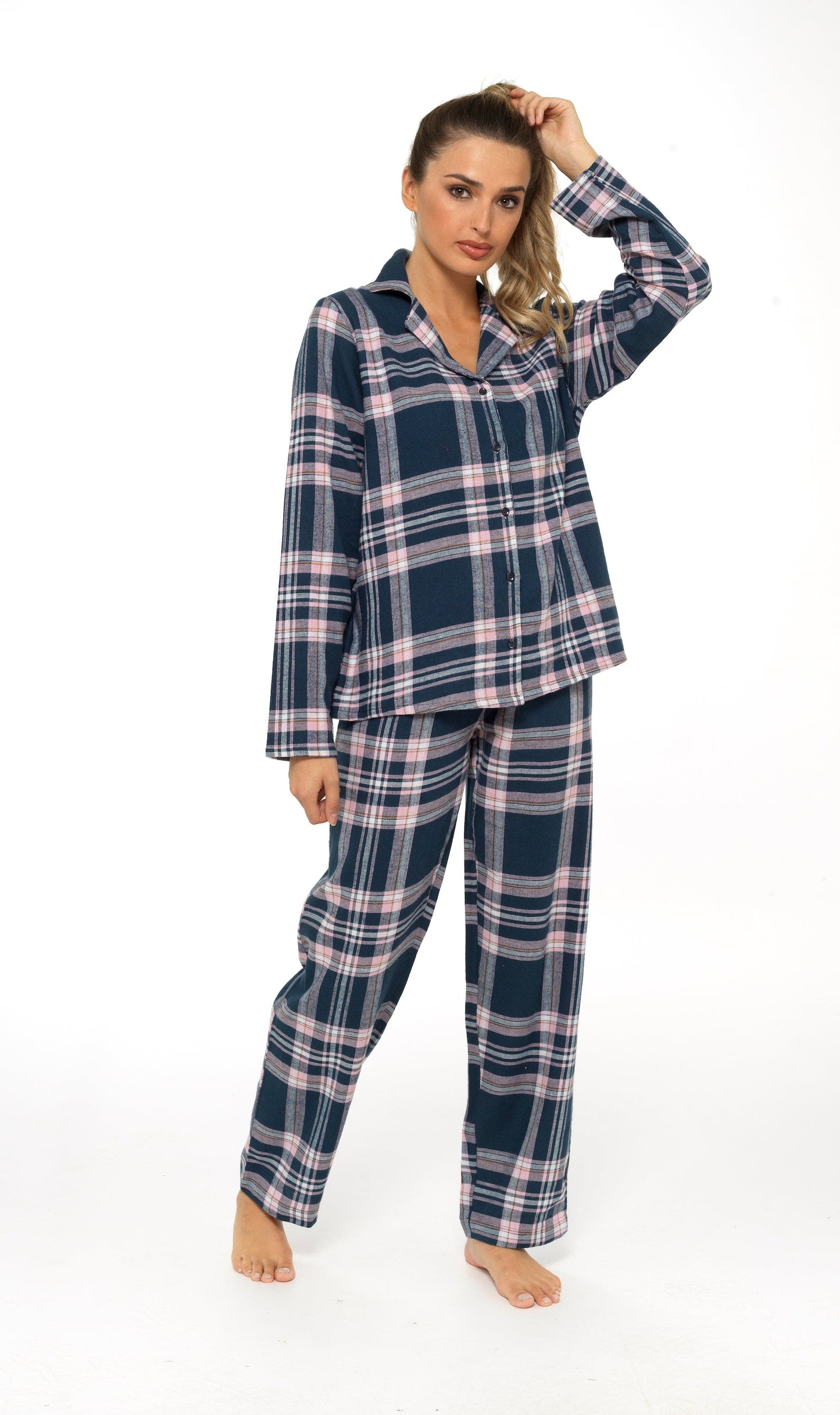 Women's Soft Cotton Flannelette Check Pyjama Set with Elasticated Waistband Cosy Warm Nightwear PJs Classic Check Pattern Sleepwear UK Sizes 8-22 by Daisy Dreamer